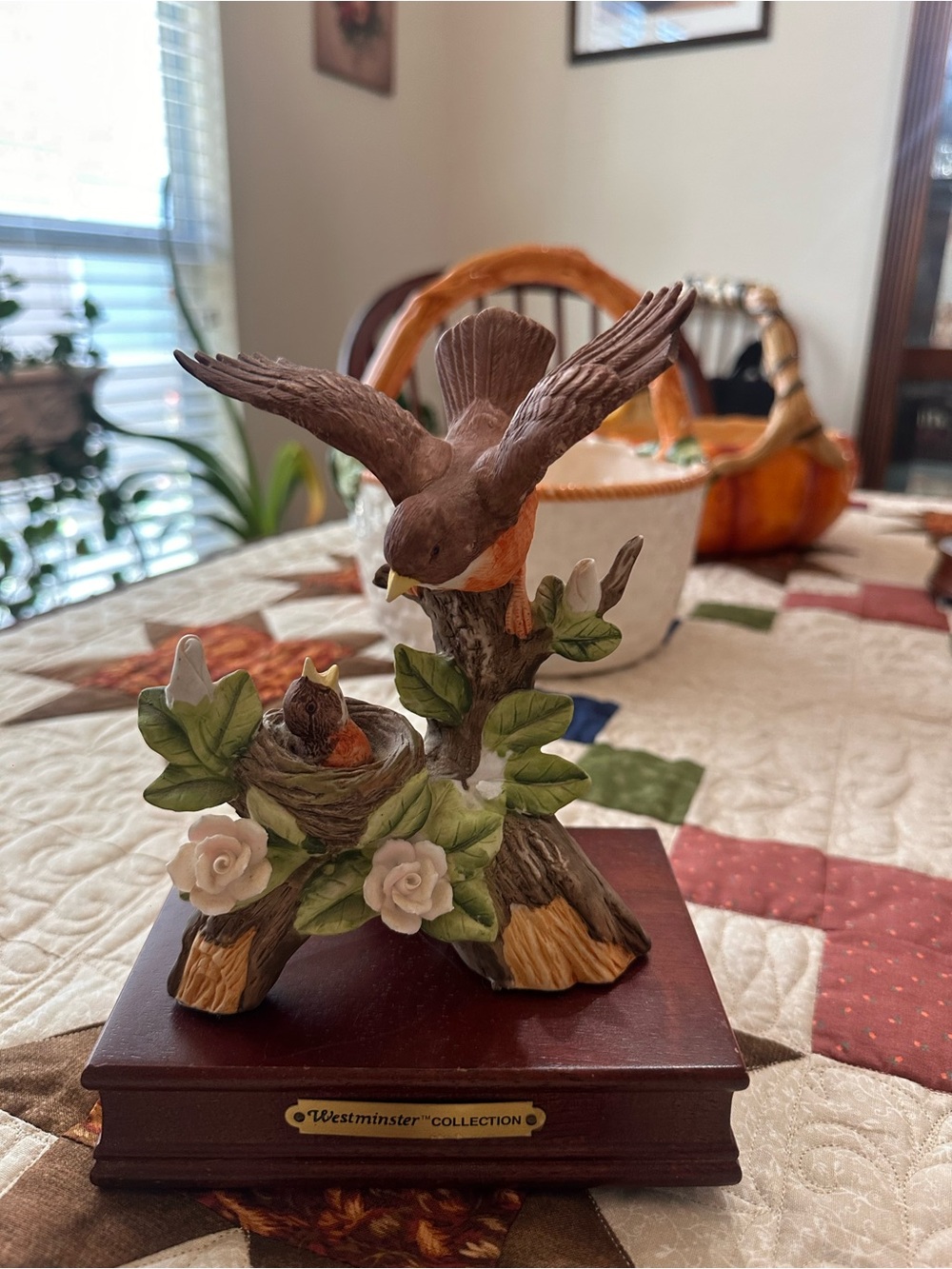 Brown & Orange Bird Music Box on Wooden Base